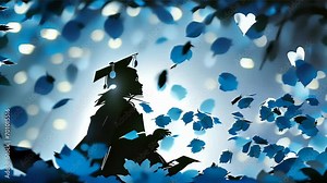 Silhouette of a student wearing a graduation cap, embracing a moment of celebration among falling blue petals.