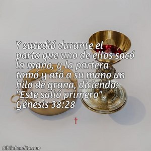 Explicación Génesis 38:28. 'Y sucedió durante el parto que uno de ellos sacó la mano, y la partera tomó y ató a su mano un hilo de grana, diciendo: "Este salió primero".' - BibliaBendita