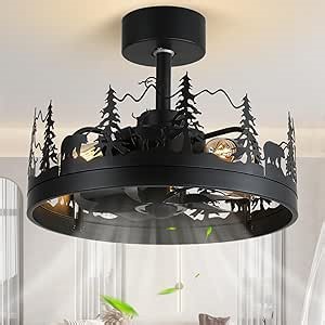 Rustic Ceiling Fans with Lights and Remote, Black Caged Ceiling Fan with Bear and Deer Design, Outdoor Fandelier, Reversible DC Motor，18 inch Farmhouse Chandeliers for Kitchen, Bedroom, Hallway