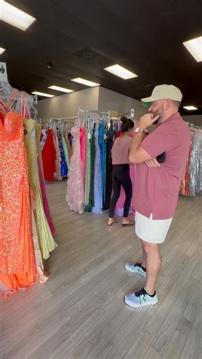 He begged to go prom dress shopping with us today and within 5 mins of being in the store he thought he was a damn expert 🙄 | Erin Dietrich