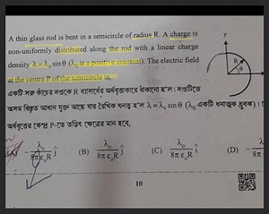 A thin glass rod is bent in a semicircle of radius R. A charge ... | Filo