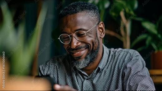 Smiling Portrait: An older man, his face etched with wisdom and a warm smile, is absorbed in a moment of digital interaction. This photograph exudes tranquility and the beauty of a life fully lived.