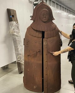 3.3K views · 243 reactions | Well, I was offered a 19th century “Iron Maiden” torture device spur of the moment while in Malibu and I seized the opportunity. I’ve seen very few of these in circulation and look forward to adding this to our collection. This may be available to rent in the future. Thank you @aracely_ybr for doing your best Vannah. #audryglass ironmaiden #torture #antiquetorturedevices | Ryan Matthew Cohn | Facebook