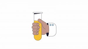 Lab tube holding line 2D character hand animation. Testing flat color cartoon 4K video, alpha channel. Chemistry lab. Scientist holding test container animated person body part on white background
