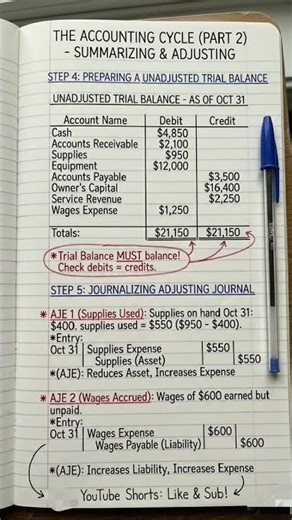 Learn Trial Balance & Adjusting Entries! Step 4 & 5 Accounting Cycle. Like & Sub! #StudyTips