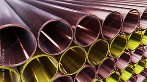 Tracking DOF camera looping 3D animation of the copper and gold plated pipes or tubes stacked at warehouse rendered in UHD