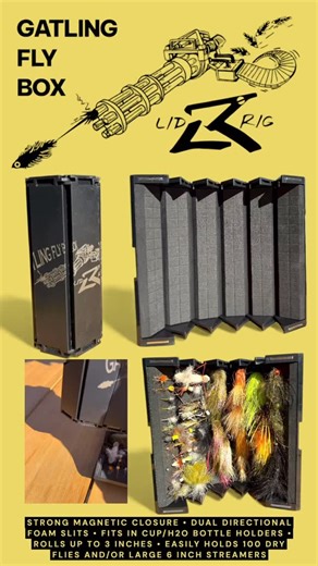 Yep, it’s a fly box! Now taking pre-orders for the restock inventory. features: • Strong magnetic closure • Black molded plastic & durable shell • Easily holds 90 dry flies • Use long ways to hold streamers • Durable cross-cut black foam • Fits into cup & water bottle holders ——————————- #lidrig #flyfishing #flybox #flyfish #troutfishing #flytying #flyfishingjunkie #fypage #flyfishinggear #snipdifferent | Lid Rig