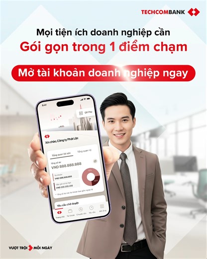 Mọi tiện ích doanh nghiệp cần, gói gọn trong 1 điểm chạm Techcombank Business - Ngân hàng số giúp doanh nghiệp rút ngắn quy trình, vận hành linh hoạt, từ chuyển khoản, chi lương đến giao dịch ngoại tệ - tất cả được thực hiện dễ dàng và an toàn chỉ với một điểm chạm: ✅ Duyệt lệnh nhanh chóng: Phê duyệt chuyển tiền, chi lương, thanh toán, tiền gửi ngay trên điện thoại, không cần ra quầy. ✅ Quản lý doanh thu 24/7: Theo dõi giao dịch vào/ ra theo từng chi nhánh, cập nhật theo thời gian thực. ✅ Giao 