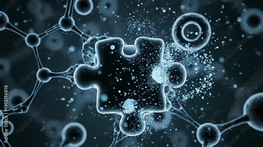 AI Drug Discovery process depicted by glowing molecular puzzle elements interacting within a futuristic biological network, representing advanced medical research and innovative therapeutic solutions.