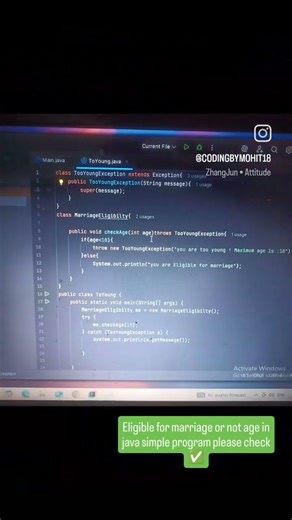 Eligible for marriage or not age in java simple program 👀👀#coding#javaprogramming #html5#css#react
