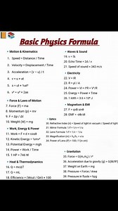 Basic physics formulas describe fundamental relationships between physical quantities, such as Newton's Second Law (F = ma), which relates force, mass, and acceleration, and the kinematic equation d = vt (distance = speed x time) for constant velocity. Key concepts like energy are represented by formulas such as kinetic energy (KE = ½mv²) and potential energy (PE = mgh). Understanding these formulas involves recognizing the variables, their units, and the underlying physical principles they repr