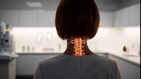 Highlighting cervical nerve anatomy in neck. Patient stands in clinic with illuminated nerve. Doctor observes cervical spine and nerve outline. Medical visualization for pain education and recovery.