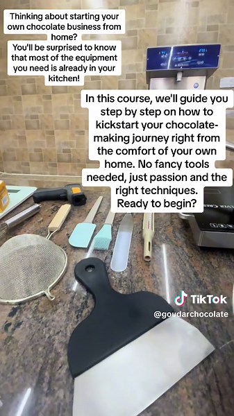 list of Essential Tools for Chocolate Making: 1. Real chocolate 2. Plastic bowl for microwave 3. Stainless steel bowl for double boiler 4. Hot plate 5. Mixer 6. Parchment paper (papier beurre) 7. Scale 8. Whisk 9. Sieve 10. Scraper 11. Gloves 12. Polycarbonate molds 13. Spatulas 14. Thermometer 15. Piping bags 16. Marble top While a tempering machine is a valuable investment, it can be expensive. It’s perfectly fine to start with basic tempering techniques and upgrade later. For those interested