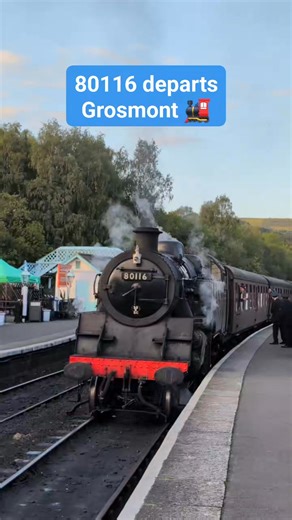 🚂 80116 DEPARTS GROSMONT 🚂 80116 departs Grosmont Station during the North Yorkshire Moors Railway's annual Steam Gala, starting the 75-minute journey to Pickering. The BR Standard 4 Tank locomotive is normally numbered 80136 but the plate was amended to commemorate 80116, which hauled the last train from Scarborough to Whitby West Cliff and then on to Middlesbrough in 1958. 80136 was one of 155 such locos built in Brighton and was completed in 1956. It was based at Tilbury in Essex and later 