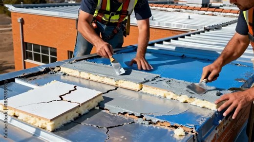 Maintenance crew repairing damaged insulation layers on a commercial building to reinforce the weather envelope and reduce thermal loss.