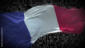 Binary code on flag of France. Program source code or Hacker concept on French flag. France digital technology security, hacking or programming