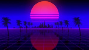 3d Synthwave background. Retrowave neon landscape of the city and sunset at car speed. 80s, 90s, cyberpunk and pc gaming aesthetics concept.