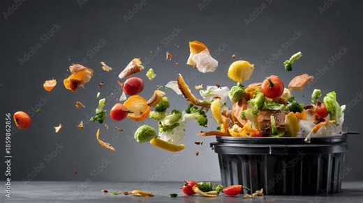 Waste and Sustainability: A vivid display of food waste and compostable items. A powerful visual illustrating the importance of waste reduction and environmental responsibility