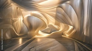 3D abstract art installation in a modern gallery with dynamic lighting