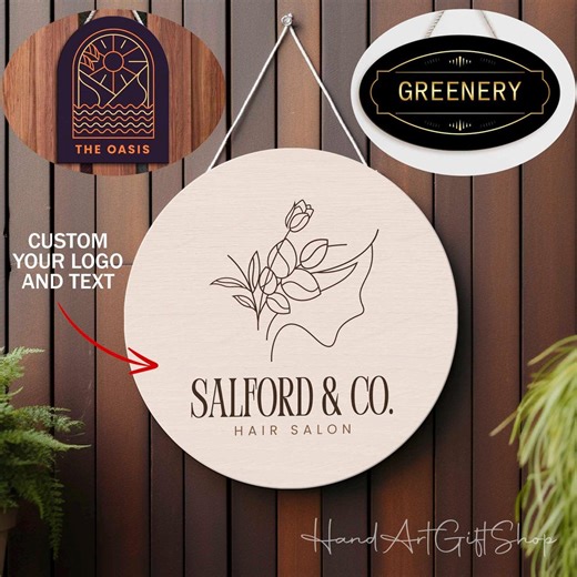 Custom Small Business Sign With Your Logo, Minimalist Wooden Door Hanger, Wall Art Color Wood Print, Booth Business Round Hanging Sign Decor - Etsy