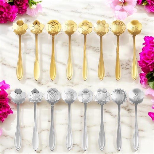 Floral Teaspoons Set: Gold or Silver Stainless Steel, Tea Spoons (set of 8 - 5in - Etsy