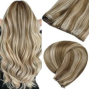 LAAVOO Beaded Weft Extensions Highlight Micro Ring Weft Hair Extensions Human Hair Blonde Easy Weft Hair Extensions Highlight Light Brown to Platinum Blonde Microbead Weft Extensions Straight 50g 16"