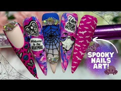 PINK AND PURPLE HALLOWEEN NAIL ART TUTORIAL| SKULL STAMPING NAIL ART| BAT NAILS| SPIDER WEB NAILS