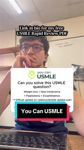 Weight loss heat intolerance palpitations exophthalmos 👀 Diffuse uptake on radionuclide scan → Do you know the autoantibody responsible? This is a classic USMLE pattern recognition question that shows up all the time on Step exams. Link in my bio for my *FREE USMLE Rapid Review Part I PDF* with high-yield patterns you should never miss on test day ❗