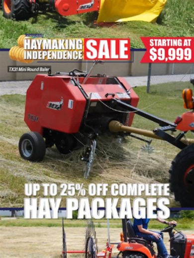 Haying Independence Starts Here! 3-Implement Packages On Sale NOW! Why wait on custom operators when your compact tractor can do the job? Tractor Tools Direct's hay packages are built specifically for small farms and compact tractors, giving you everything you need to mow, rake, and bale on your own schedule. From first questions to first cut—and for years afterward—our team is here with expert advice, technical support, videos, manuals, and a warehouse stocked with parts and supplies when you n
