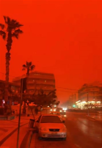 Rare Red Sandstorm Sweeps through Crete Greece and Libya. The Sandstorm is expected to start hitting Egypt and other areas in the upcoming hours. This video is from Greece today. #greece #red #sandstorm #rare #strange