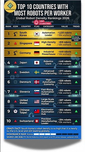 Top 10 Countries with Most Robots per Worker 2026 | Automation Kings #robotics #automation #ytshorts