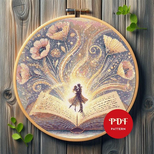 Cozy Couple on Book Cross Stitch Pattern, Romantic Embroidery Design, Magical Needlepoint Chart, Easy Cross Stitch PDF Pattern, Instant,diy - Etsy