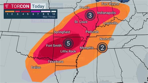 The TORCON value has increased to 5 for parts of Arkansas and Oklahoma as severe storms move across the region today. | The Weather Channel