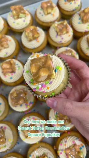 See how we make our 🥜☁️🧁peanut butter marshmallow square cupcakes 🧁☁️🥜 It’s your last day to get them before we change our cupcake flavours tomorrow for the week! 🩷 #cupcake #jennaraecakes #jrc #peanutbuttermarshmallowsquares #bakerylife #wpg #imadethis