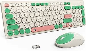 FD Wireless Keyboards and Mouse Combo - 2.4GHz USB Cordless, Cute Wireless Keyboard Round Keys, Quiet and Slim Set for Laptop, Computer, TV and Mac - Milky White Green Colorful