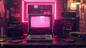 Retro computer setup with vintage technology, featuring classic monitor and cassette tapes, illuminated by neon pink lights for nostalgic atmosphere.