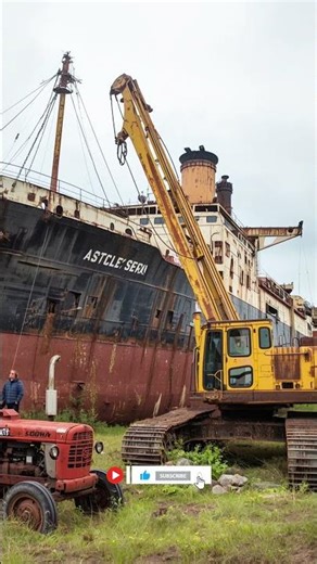Exploration of a tractor and a rusty old giant excavator near an old abandoned large ship