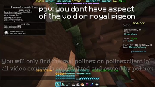 Perfect for Ironman players to get ahead, without the need to grind for a pigeon or AOTV https://polinexclient.lol/store?ref=tiktokdwarvencommnopigeon https://polinexclient.lol/discord?ref=tiktokdwarvencommnopigeon Hypixel Skyblock, mining Bot, macro Bot, mithril Bot, Macro, Script, Foraging Script, hotm Macro, Money Making Method, 100mil, Undetectable, GUI, failsafe, stuck, setspawn, spawn, hypixel failsafe, foraging, script, skyblock, minecraft, macro, fishing, bot, free, hypixel skyblock macr