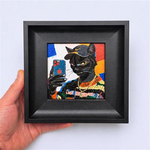Framed Black Cat Oil Painting: Hip Hop Style Pet Portrait Mini Art (6 Inch) - Etsy