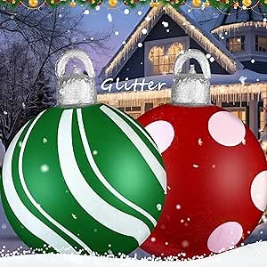 Jetec 2 Pcs Giant Christmas Inflatable Balls Ornaments 24" Large Outdoor Christmas Inflatable Decorations PVC Glitter Print Inflatable Balls for Holiday Xmas Outside Yard Lawn Porch Decor