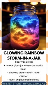 1.1M views · 6.5K reactions | “This glowing rainbow storm-in-a-jar is blowing kids’ minds — and it only takes shaving cream and neon colors!” Parents can’t believe how simple (and stunning!) this Glowing Rainbow Thundercloud in a Jar is. All you need is a jar, shaving cream, and neon food coloring to create a storm that glows like lightning under a black light. 勞⚡ | Kira Recipes | Facebook
