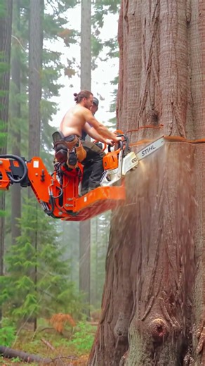 Giant Tree Felling from a Lift—Insane Cutting! #chainsaw#woodworking#treecutting