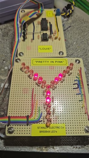LED Chaser circuit using a CD4017 and a 555 timer. LEDs used: Stanley Electric Company BR5064X.