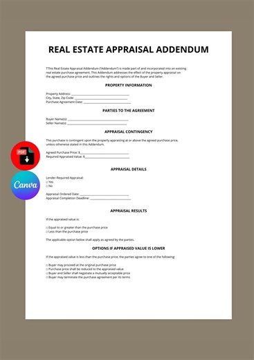Real Estate Appraisal Addendum Template | Appraisal Contingency Form | Property Value Addendum | Editable Canva PDF | Instant Download - Etsy