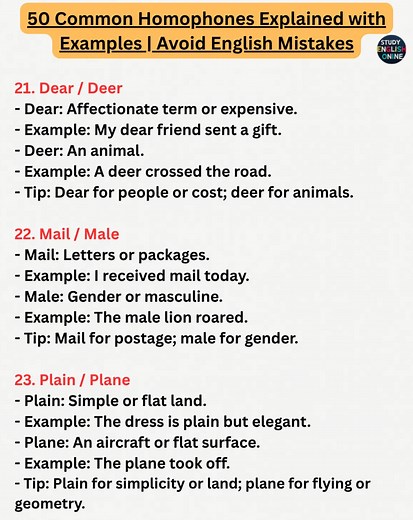 34K views · 362 reactions | 50 Common Homophones Explained with Examples | Avoid English Mistakes #Homophones #EnglishGrammar #LearnEnglish #EnglishMistakes #Vocabulary | STUDY English Online | Facebook