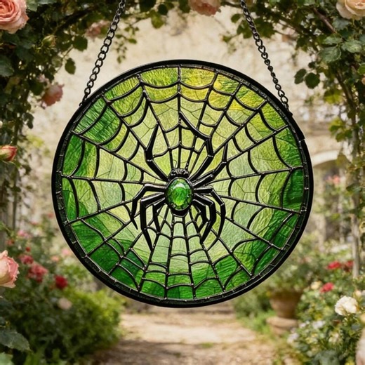 Green Spider Stained Glass Suncatcher, Gothic Spider Web Window Hanging, High Definition Glass Art, Spooky Garden Decor - Etsy