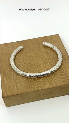 Sup Silver Solid Round Hammered Cuff Bracelet, 925 Sterling Silver Handmade Textured Cuff Bangle