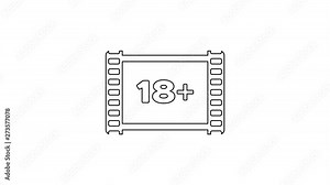 Black Play Video with inscription 18 plus line icon on white background. Age restriction symbol. 18 plus content sign. Adult channel. 4K Video motion graphic animation