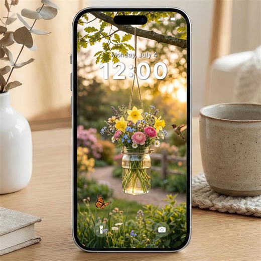 Spring Bloom Jar iPhone Wallpaper – Minimal Aesthetic Garden Background | Calm Nature Phone Wallpaper - Etsy