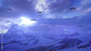 Alien ufo saucers flying toward mothership, snowy landsacpe Alien sci-fi fantasy concept, 4K, 2024
